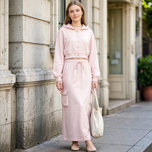 Solid Color <b>Women</b> Cropped Hoodie <b>2</b> <b>Piece</b> Outfit, Button Front Sweat Top & Cargo Pocket Midi Skirt Leisure Loungewear <b>Set</b> - Product Image 2