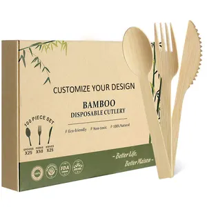 100 piezas cuchara tenedor cuchillo desechables de bambú de utensilios cubiertos desechables de bambú utensilios de cocina cubertería