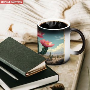 Tasse à changement de couleur sensible à la chaleur 11oz en céramique noire givrée vierge avec motif Cactus Désert - Product Image 3