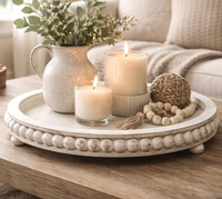 Nouveau Plateau Décoratif Rond en Bois Blanc Rustique Perlé pour Table Basse, Style Ferme Vieillie, pour Rangement de Bougies, Cadeau de Maison