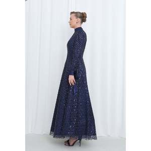 Robe de soirée Puane pour femme, bleu marine, en maille à sequins brodée, coupe trapèze, manches longues avec poignets en satin, robe de cérémonie pour mariages et bals de promo - Product Image 4
