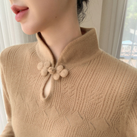 Pull en cachemire 100% tricoté ajouré avec logo personnalisé, style chinois, boutons grenouille en peluche, manches à revers, nouveau modèle, vente en gros, haut de gamme, style ethnique