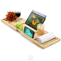 Plateau de bain pliable en bambou à double niveau extensible, porte-verre à vin, support pour tablette, porte-serviette, plateau de bain écologique