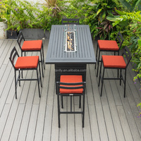 Gartenmöbel Aluminium Esstisch und Bank Set mit Feuerstelle Tisch 6-Sitzer Outdoor Dining Set Moderner Tisch und Stühle
