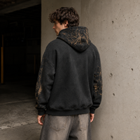 Toptan Kapüşonlu Sweatshirt Fabrikası Kömür Rengi Örümcek Ağı Grafikli Ağır Polar Asit Yıkama Büyük Beden Erkek Fermuarlı Kapüşonlu Sweatshirt