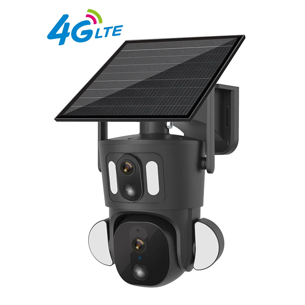 Kamera keamanan tenaga surya 2K 4G, kamera pelacak gerakan Cctv PTZ Panel tenaga surya WiFi luar ruangan nirkabel layar lensa ganda 4MP