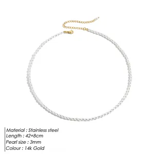 Collar de perlas de imitación eManco de 3 mm, ovalado, blanco, de acero inoxidable, cadena para clavícula para mujer, venta directa de fábrica. - Product Image 2