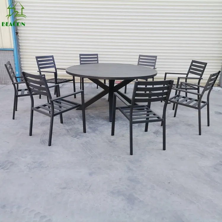 Minimalisti in alluminio moderno mobili da esterno Patio Set da pranzo in metallo impilabile sedia con tavolo rotondo per giardino 8 persona