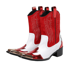 Red White Faux Suede Cowboy <b>Boots</b> Pointed Toe Slip-On Party Fashion Trend Mid Calf Heeled <b>Boots</b> - Product Image 2