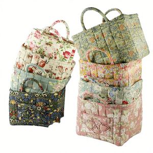 Panier de rangement pliable en polyester pour la maison, style rustique, avec longue poignée, motif floral, portable, pour trier les articles divers, 33x28x27cm - Product Image 4