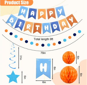Guirlandes d'anniversaire orange et bleues, étoiles, spirales, serpentins, cercles, points, guirlande en papier, boule en nid d'abeille pour la décoration de fête d'anniversaire d'enfants - Product Image 6