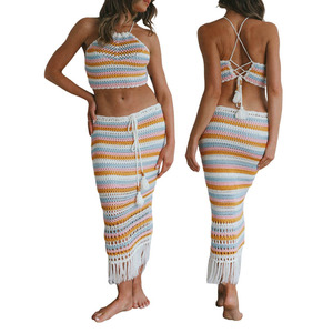 Nuovo Set in maglia con gonna a frange aderente Sexy a righe <span class=keywords><strong>Crop</strong></span> Top - Product Image 2