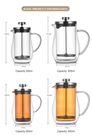 Cafetière à piston en verre borosilicate à double paroi transparente pour les amateurs de café, 350 ml, 600 ml, filtre en acier inoxydable