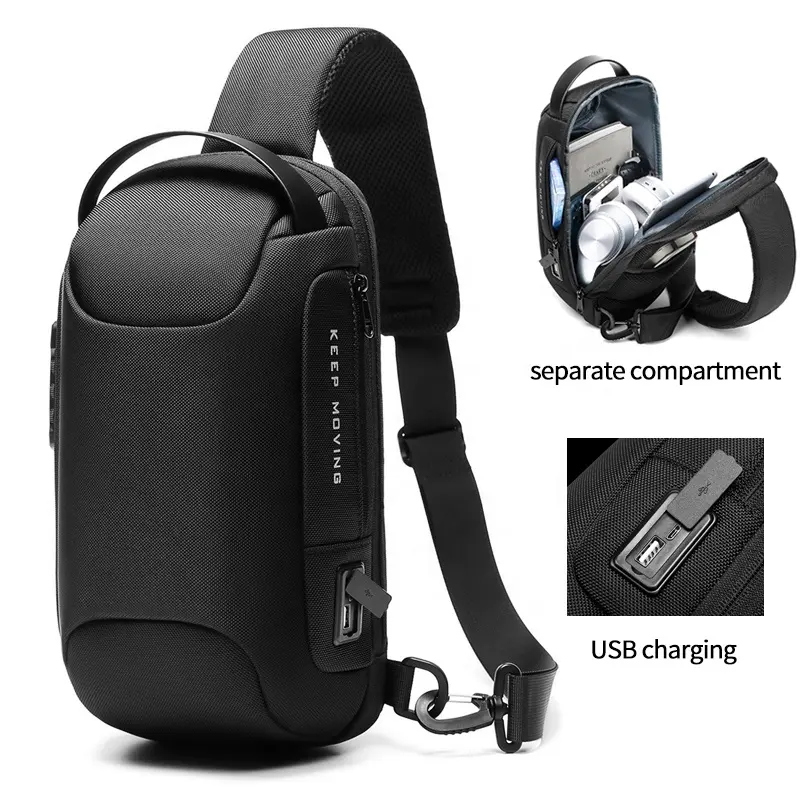 Toptan su geçirmez anti hırsızlık tasarımcı crossbody çanta özel logolu USB için askılı çanta erkekler tek omuz göğüs çantası