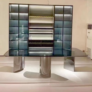JS D31B <span class=keywords><strong>Table</strong></span> à manger rectangulaire <span class=keywords><strong>en</strong></span> verre moderne haut <span class=keywords><strong>de</strong></span> gamme miroir pieds <span class=keywords><strong>en</strong></span> acier inoxydable <span class=keywords><strong>Table</strong></span> alimentaire suspendue ronde pour villa appartement - Product Image 4