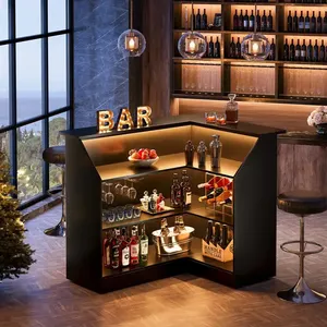 Mesa de bar <span class=keywords><strong>en</strong></span> <span class=keywords><strong>forma</strong></span> de <span class=keywords><strong>L</strong></span> para el hogar con estantes de copas Unidad de barra de esquina de 3 niveles Mesa de bar de vino de licor <span class=keywords><strong>Escritorio</strong></span> de recepción - Product Image 1