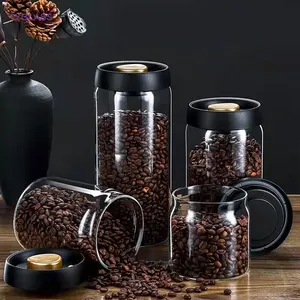 Wadah penyimpanan makanan Bening, toples bumbu kaca borosilikat tutup hitam kedap udara dengan tutup untuk toples penyimpanan kopi