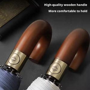 8K Design <b>Three</b>-Fold Fully Automatic Wooden Curved Handle Folding Umbrella 10-Rib Reinforced Frame 106cm Open Diameter for - Product Image 2