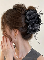 Pinces à cheveux en plastique et tissu MUJU D425, 13 cm, en organza transparent à pois, avec volants en plumes, pour usage quotidien, 7 styles, logo personnalisé