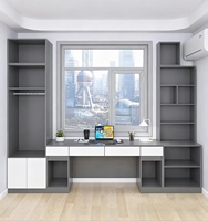 Meuble intégré moderne et simple pour baie vitrée, sur mesure pour petits espaces, balcon, salon, chambre, avec bibliothèque, bureau et armoire combinés