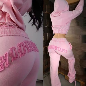 Conjunto de Sudadera con Capucha y Pantalones Jogger para Mujer, Novedad 2026, Personalizado, con Lavado Ácido, Efecto Desgastado, Bordado de Parches, Estilo Oversize Corto y Cremallera - Product Image 1