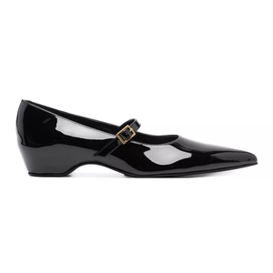 Sandales à talons compensés bas pour femmes, à bride moyenne, en cuir verni, talons carrés classiques, à boucle, escarpins à bout pointu - Product Image 6