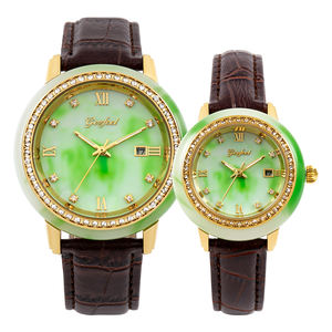 Montre de luxe pour homme en jade vert, lunette en cristal, bracelet en cuir, chiffres romains, quartz, étanche, personnalisable - Product Image 1