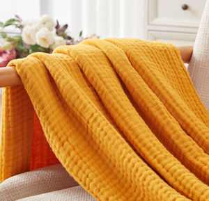 Plaid en <span class=keywords><strong>Gaze</strong></span> Tricotée Lyocell/<span class=keywords><strong>Coton</strong></span> 6 Couches Jaune <span class=keywords><strong>Moutarde</strong></span> Hypoallergénique Léger et Doux pour Lit et Voyage Toutes Saisons - Product Image 5
