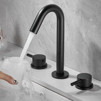 Robinet de lavabo moderne en laiton massif noir, 3 trous, type à double poignée, eau chaude et froide, finition brossée, ensemble trois pièces, design épuré