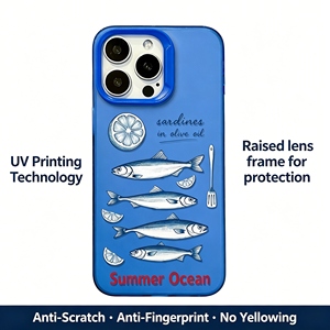 Funda de TPU mate azul con diseño de sardinas y limón dibujados a mano, cubierta de pez con estética oceánica de verano para <span class=keywords><strong>iPhone</strong></span> 17 16 15 14 13 <span class=keywords><strong>Pro</strong></span> <span class=keywords><strong>Max</strong></span> - Product Image 2