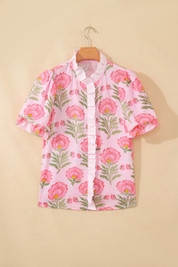 Damen Rosa Bluse mit Blumenmuster, Rüschenbesatz, Stehkragen, Puffärmeln, Knopfleiste, Lässiges Oberteil mit Individuellem Logodruck - Product Image 5