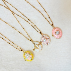 Collane con Ciondolo Ovale N77Y in Ottone Placcato Oro, Medaglioni Apribili per Foto, Decorati con Smalto e Perle Finte, Gioielli per Uso Quotidiano - Product Image 6