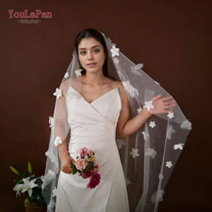 Yapan v243 एकल परत 3 डी ऑर्गेंज़ा फूलों के लिए रोमांटिक शादी का घूंघट - Product Image 3