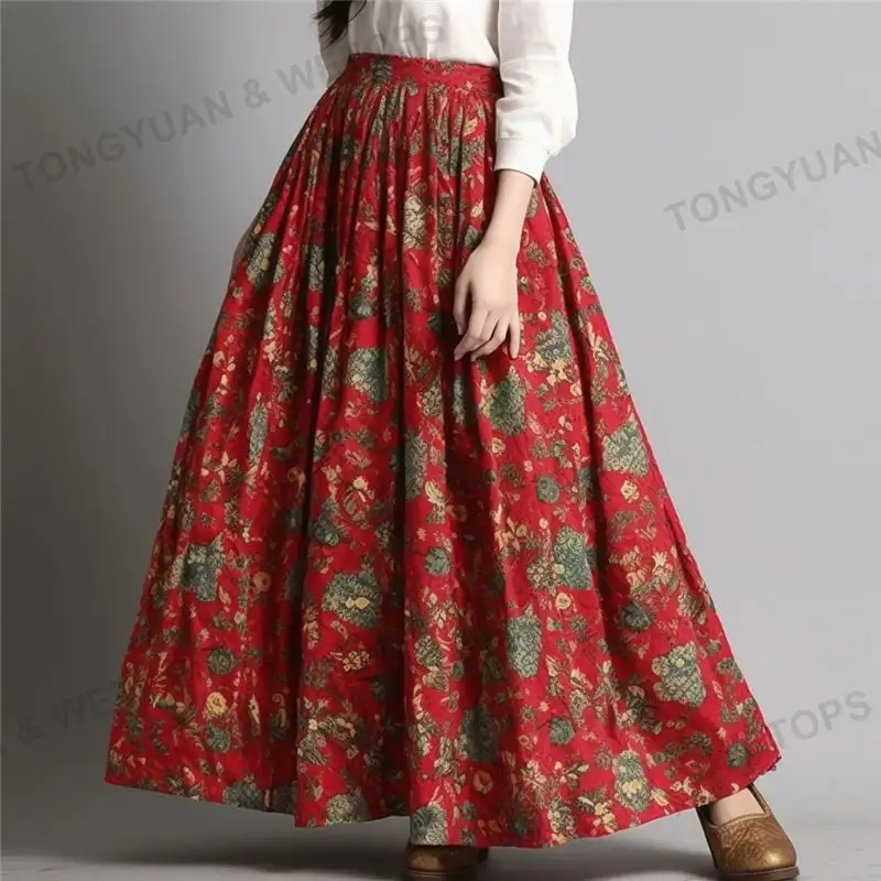 Plus Size Women's Dresses Beautiful Design Long Printed Floral Skirt Cotton Soft Red A-Line Skirt