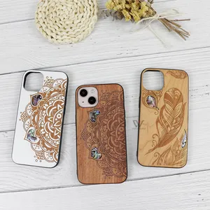 时尚个性化空白木质木质配件手机雕刻贝壳 + 苹果14外壳木质手机套