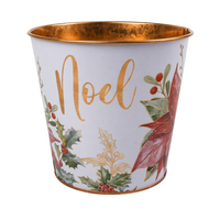 Pot de fleurs en fer blanc à bordure dorée florale, motif 'Merry Joy Noel' en lettres cursives, pour centre de table de fête de Noël et seau décoratif de jardin