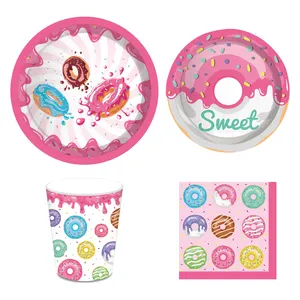 Kids Birthday Party Supplies MM094 Huancai Sweet Donut Paper Plates Cups Napkins Disposable Tableware Set Party Supplies For Kids Birthday Decorations