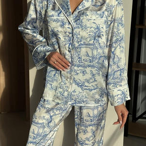 Kış lüks 2 parça Set özel renk pembe uzun kollu pantolon baskılı kıyafet kadınlar için rahat ipek saten pijama Pjs pijama seti - Product Image 2