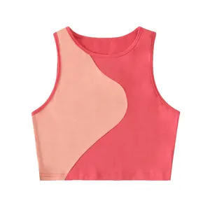 Custom Zomer Jersey Kleur Blok Top Mouwloos Ronde Hals Vest Meisjes Elastische Crop Top Vest