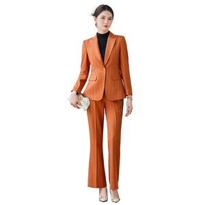 Women's Orange Striped Suit Set With Fitted Waist Anti-Wrinkle Casual Work Wear - Product Image 5