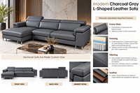 Canapé sectionnel haut de gamme en cuir anthracite pour maisons modernes avec configuration en L, confort d'assise premium et design contemporain