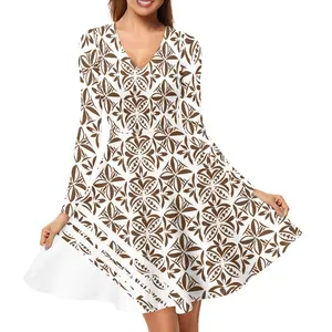 Polynesische Tribal Plumeria Jurk Op Maat Dropshipping Dameskleding High Fashion Dames V-Hals Lange Mouw Jurk Elegantie