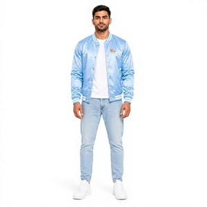 Chaqueta Varsity de Satén Azul Claro para Hombre, Chaqueta Varsity de Béisbol de Satén, Bordada, Cierre de un Solo Botón, Deportiva, Otoñal - Product Image 1