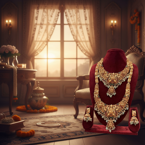 Parure de collier longue traditionnelle indienne du sud pour mariée, en alliage plaqué or avec boucles d'oreilles en zircon, style vintage pour fiançailles et mariage - Product Image 3