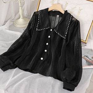 Chemise blanche <span class=keywords><strong>chic</strong></span> et élégante pour femme avec boutons perlés creux, col Peter Pan doux, chemise en crochet pour femmes - Product Image 3