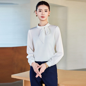 White Long Sleeve Chiffon Shirt For Women With Bow Tie Workwear Professional Blouse Solid Color Polyester Fabric - Product Image 1