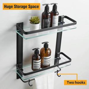 Kệ Nhôm Phòng Tắm 2 Lớp Màu Đen Kệ Phòng Tắm Bán Buôn Kệ Kính Vuông Giá Đỡ Với Thanh Treo Khăn - Product Image 3