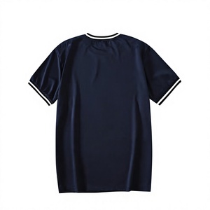 Men's Navy Blue O-Neck Short Sleeve T-Shirt Slim Fit Contrast Trim Knitted Casual Solid Color - Product Image 2