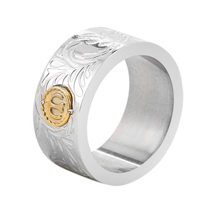 Anillo ancho de acero inoxidable yunnique con patrón arabesco e incrustaciones de oro, joyería unisex - Product Image 5
