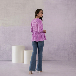 Blusa de Mujer con Estampado Geométrico Morado, Manga Tres Cuartos, Dobladillo Acampanado, Corte Holgado, Informal, Transpirable, Tejida, para Primavera - Product Image 3